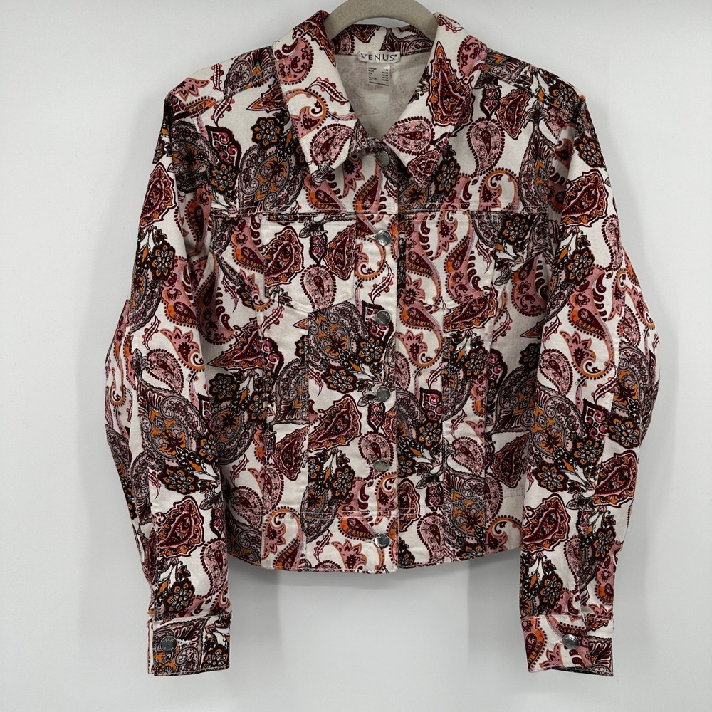 Venus Womens Paisley Floral Print Denim Jean Trucker‎ Jacket Cropped Pink Medium